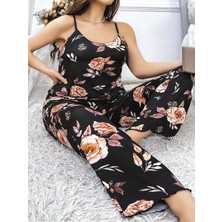 Hsc Bilişim Büyük Beden Siyah Üstüne Çiçek Desenli Ince Askılı 2'li Pijama Takımı