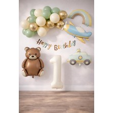 Patladı Gitti Retro 1 Yaş Doğum Günü Seti; Uçak, Araba, Gökkuşağı, Ayıcık ve 20 Balon Set