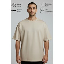 Allunique Erkek Pamuklu Oversize Bisiklet Yaka Bej T-Shirt