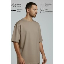 Allunique Erkek Pamuklu Oversize Bisiklet Yaka Vizon T-Shirt