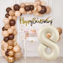 Tedaks Pompa Hediyeli Doğum Günü Seti Banner Gold Kahverengi Kum Beji Ten Rengi Balonlar Krem Rakam