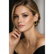 Solare Accessories Siyah Taş Detaylı Altın Kaplama Kare Vintage Küpe (Hipoalerjik)