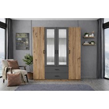 Latre 4 Kapaklı Gardırop - Antık Cam & Antrasit - Çekmeceli  Raflı  Aynalı