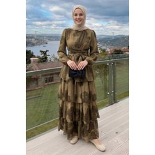 inStyle Desenli Kat Kat Camel Şifon Elbise