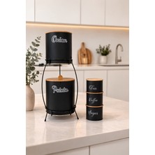 Decorev Standlı Patates Soğan Saklama Kovası ve Bambu Kapaklı Çay Kahve Şeker Kavanoz Seti –siyah