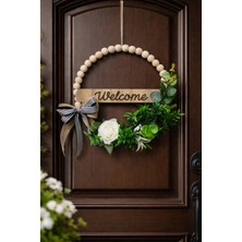 Rosfloa Doğal Ahşap Boncuklu Özel Tasarım Kapı Süsü Kapı Çelengi Duvar Süsü Hediyelik 32 cm