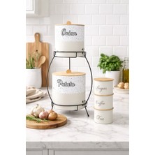 Decorev Standlı Patates Soğan Saklama Kovası ve Bambu Kapaklı Çay Kahve Şeker Kavanoz Seti - Krem
