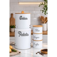 Decorev Bambu Kapaklı Metal Patates & Soğan Saklama Kovası ve Çay Kahve Şeker Kavanoz Seti – Beyaz