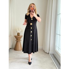 Qimya Butik Buketli Kadın Sabit Likralı Kemerli Iri Sarı Düğme ve Cep Detaylı V Yaka Kıs Kollu Uzun Elbise