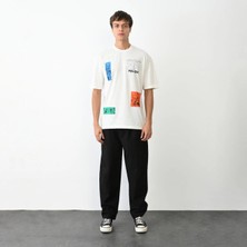 Velmora Fashion      Bisiklet Yaka Baskılı Oversize T-Shirt - Beyaz -