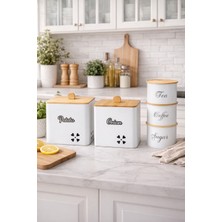 Decorev Bambu Kapaklı Metal Patates ve Soğan Saklama Kovası Kare  & Çay Kahve Şeker Kavanoz Seti – Beyaz