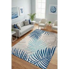 The Reef Design Mavi Tropikal Yaprak Desenli Halı Dijital Baskılı Kaymaz Modern Mavi Yapraklı Oturma Odası Halısı
