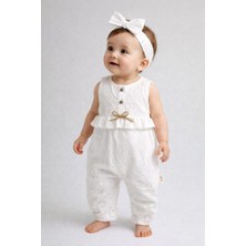 Top Düğmeli Kız Bebek Saç Bantlı Tulum - Ekru - 12 - 18 Ay Ekru