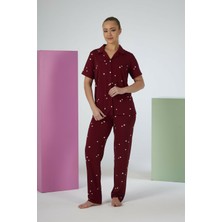Estiva Kadın Yıldız Desenli Bordo Kısa Kollu Önden Düğmeli Soft Pijama Takımı