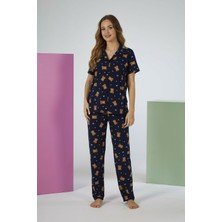 Estiva Kadın Ayıcık Desenli Lacivert Kısa Kollu Önden Düğmeli Soft Pijama Takımı