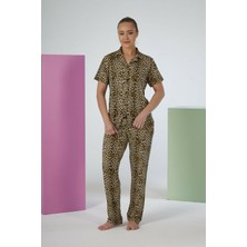 Estiva Kadın Kaplan Desenli Kahverengi Kısa Kollu Önden Düğmeli Soft Pijama Takımı