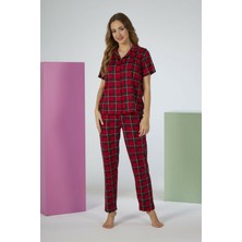 Estiva Kadın Kareli Kırmızı Kısa Kollu Önden Düğmeli Soft Pijama Takımı