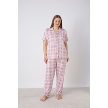 Estiva Kadın Kareli Pembe Kısa Kollu Önden Düğmeli Soft Battal Pijama Takımı