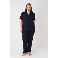 Estiva Kadın Lacivert Kısa Kollu Önden Düğmeli Soft Battal Pijama Takımı