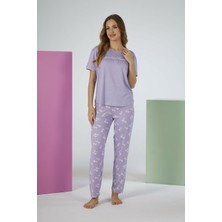 Estiva Kadın Yaprak Alt Desenli Kısa Kollu Soft Pijama Takımı