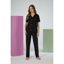 Estiva Kadın Kalp Desenli Siyah Kısa Kollu Önden Düğmeli Soft Pijama Takımı