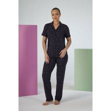 Estiva Kadın Puantiyeli Lacivert Kısa Kollu Önden Düğmeli Soft Pijama Takımı