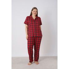 Estiva Kadın Kareli Kırmızı Kısa Kollu Önden Düğmeli Soft Battal Pijama Takımı