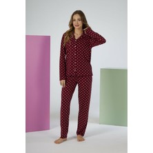 Estiva Kadın Puantiyeli Bordo Önden Düğmeli Soft Pijama Takımı