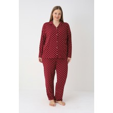 Estiva Kadın Puantiyeli Bordo Önden Düğmeli Soft Battal Pijama Takımı