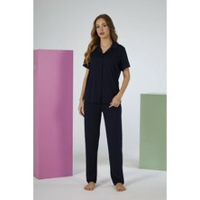 Estiva Kadın Lacivert Kısa Kollu Önden Düğmeli Soft Pijama Takımı