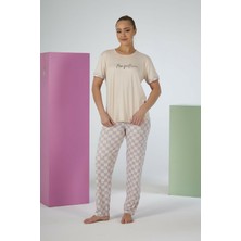 Estiva Kadın Kareli Alt Desenli Kısa Kollu Soft Pijama Takımı