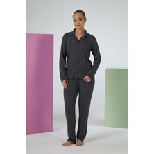 Estiva Kadın Yıldız Desenli Lacivert Önden Düğmeli Soft Pijama Takımı