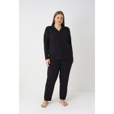 Estiva Kadın Puantiyeli Siyah Önden Düğmeli Soft Battal Pijama Takımı