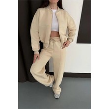 Dip Moda Kadın Bej Fermuarlı 3 Iplik Eşofman Takımı DPESF01