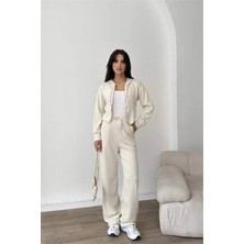Dip Moda Kadın Ekru Fermuarlı Kapüşonlu Modal Eşofman Takımı DPNP022