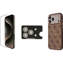 iPhone 17 Pro Guess Lisanslı Büyük 4g ve Yazı Logolu Kılıf Ekran ve Lens Koruyucu 3in1 Set Kahvereng