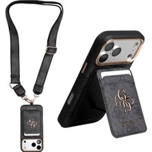 iPhone 17 Pro Guess Lisanslı 4g ve Yazı Logolu Kılıf + Kartlık + Askı Ipi 3in1 Aksesuar Seti Siyah