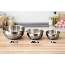 Net Çelik Paslanmaz Çelik Mayonez Kasesi Karıştırma Çırpma Kabı 3'lü Set ( 16,20,24 cm )