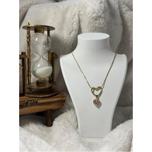 Altın Renk Kalp Figürlü Pembe Taşlı Zarif Kadın Kolyec