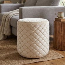 Ratemo Mobilya Krem Luna Kumaş Tekerlekli Puf Tabure – 5 Tekerlekli Makyaj Masası Taburesi | Hareketli Oturma Pufu