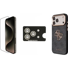 iPhone 17 Pro Guess Lisanslı Büyük 4g ve Yazı Logolu Kılıf + Ekran + Lens Koruyucu 3in1 Seti Siyah