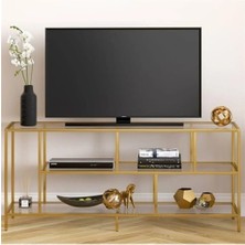 Merzana Gold Modern Metal Tv Ünitesi – Çok Amaçlı Raflı Tv Sehpası | Minimalist Salon Konsolu