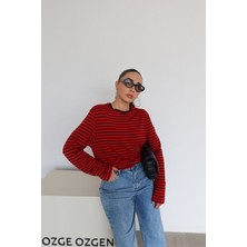 Özge Özgenç Çizgili Oversize Basic Sweat