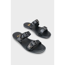 LOJO Kadın Çift Bantlı Tokalı Günlük Terlik Nikola Siyah