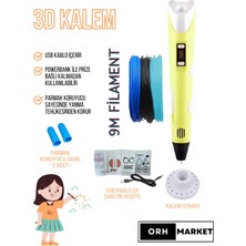 ORH MARKET 3D Kalem USB Kablolu Üç Boyutlu Yazıcı Kalem Printer-Sarı (3 Adet 3m Filament -9metre-)