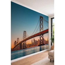 Dreamwall Modern Şehir Silueti ve Işıltılı Asma Köprü Temalı Panoramik Tekstil Duvar Kağıdı