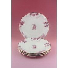 Bursa Porselen Dekor Pembe Ingiliz Altın Yaldızlı 4 Parça Porselen Pasta Tabağı