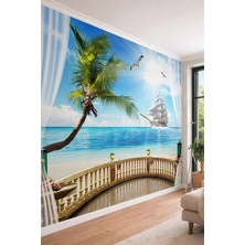 Dreamwall Güneş Işığı Efektli Sahil ve Yelkenli Gemi Manzaralı Balkonlu Tekstil Duvar Kağıdı