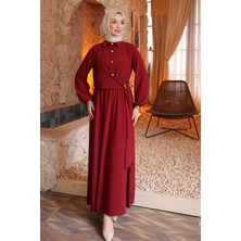İmaj Butik Bordo Yan Bağlamalı Kol Lastikli Elbise