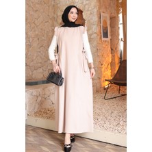 İmaj Butik Bej Bel Kuşaklı Kolları Fırfırlı Elbise
